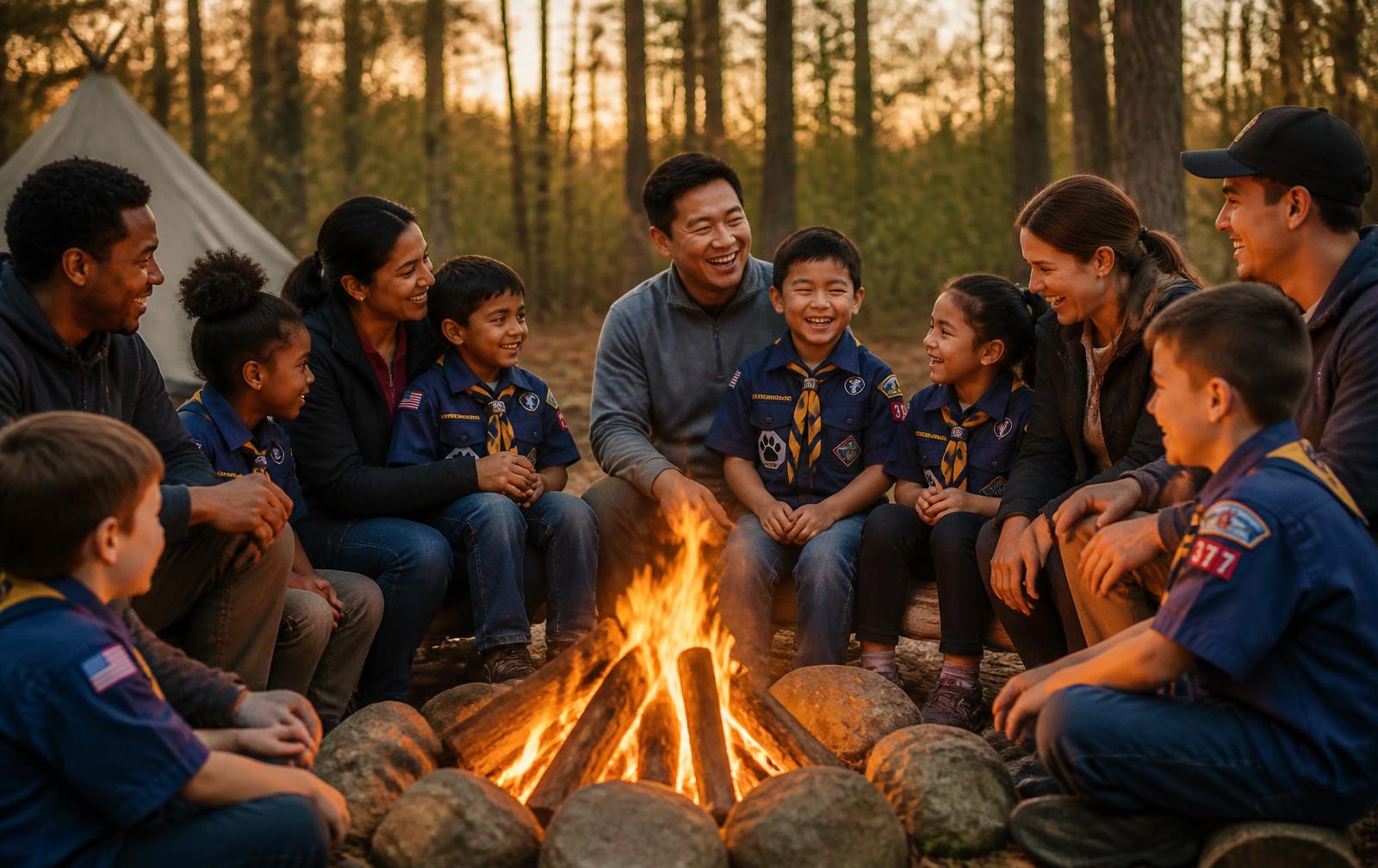 Cub Scouts and their families roasting marshmallows around a campfire at sunset